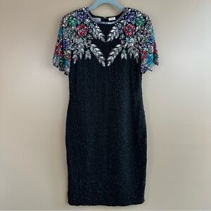 Vintage Stenay Silk Beaded Embellished Black Short-Sleeve Cocktail Dress 6 Party
